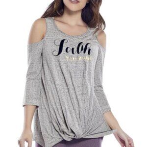 Ava James Womens Cold Shoulder 3/4 Sleeve Knot Front Knit Blouse Gray Medium NWT